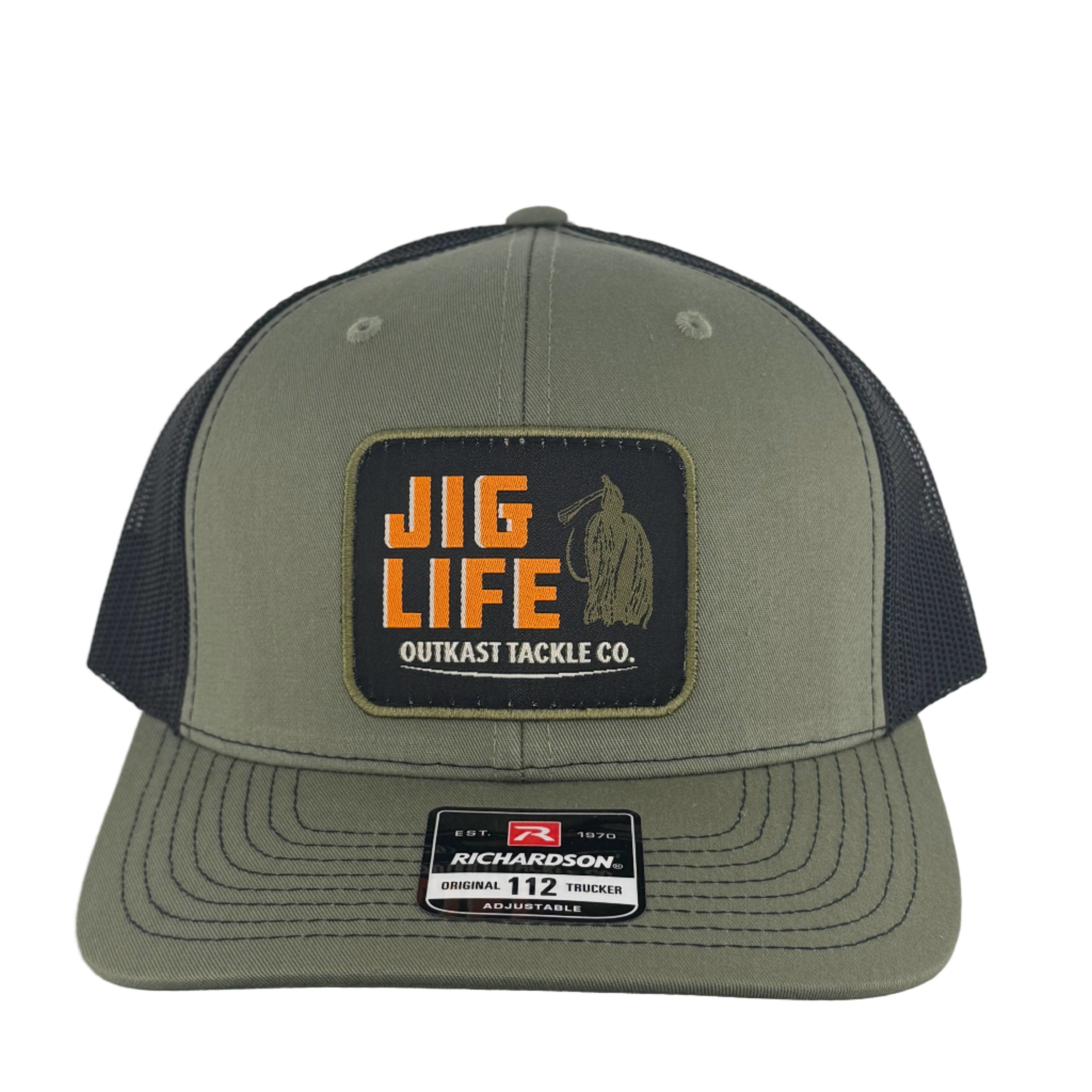 Green and black cap with 'Jig Life' patch on a white background