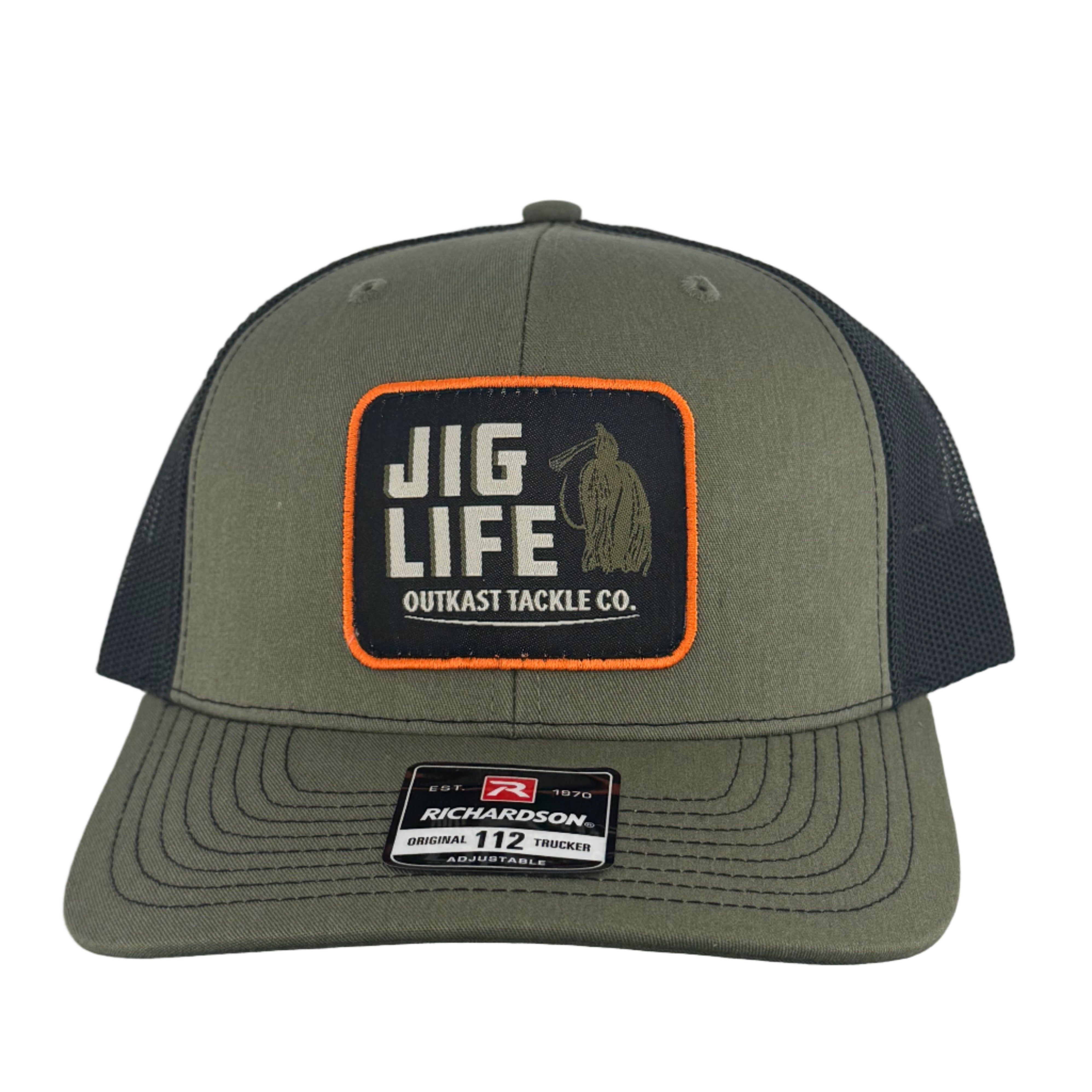 Green and black cap with 'Jig Life' patch on a white background
