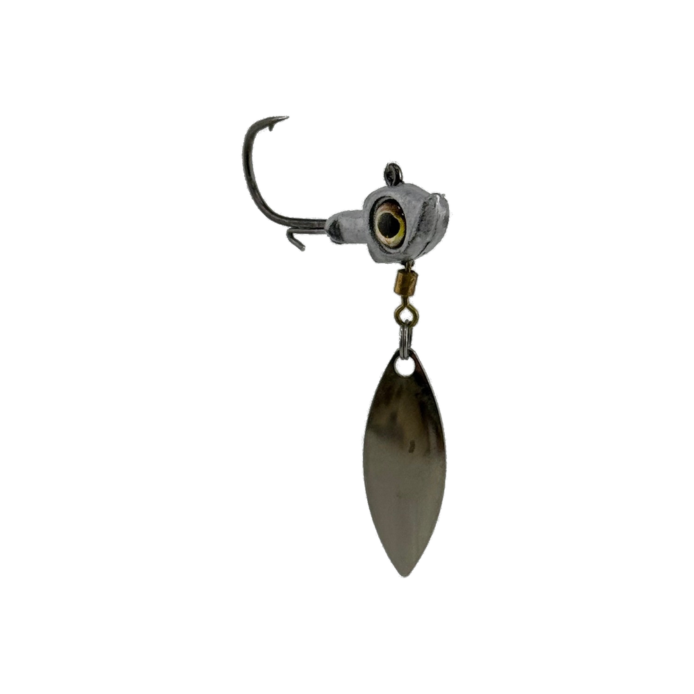 Glimmer Eye unpainted underspin jig, three-quarter view on white